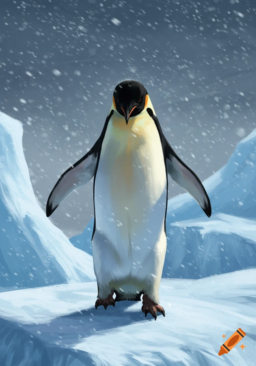 An angry emperor penguin stands in a snowy blizzard amidst ice formations, rendered in a digital painting style.