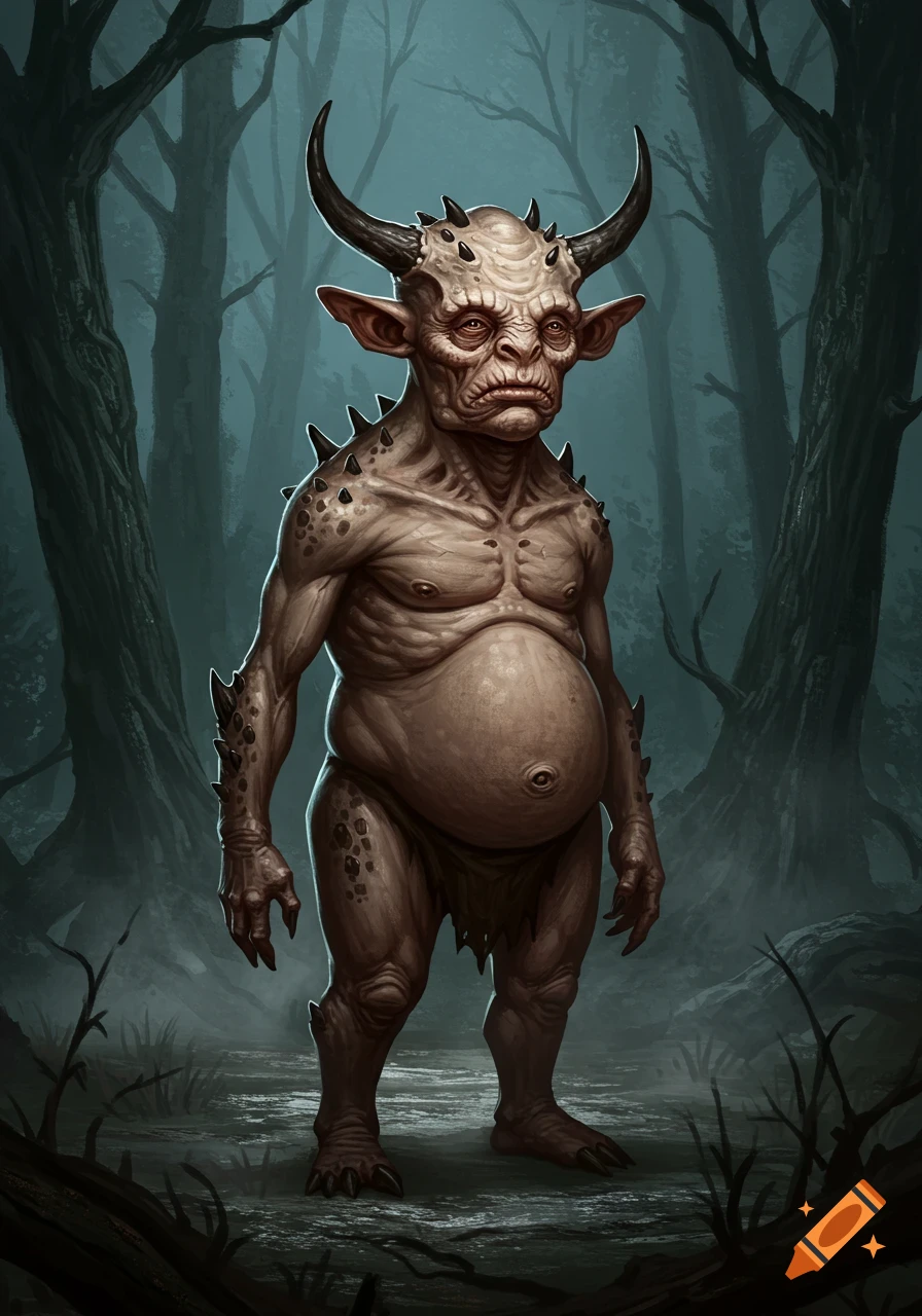 A monstrous, horned, spiky creature with large ears and a potbelly stands in a dark, misty forest. The art is detailed and realistic.