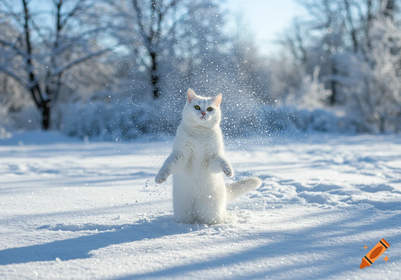 A fluffy white cat stands on its hind legs in a snow-covered field, with sparkling snow falling around it under a bright winter sky.