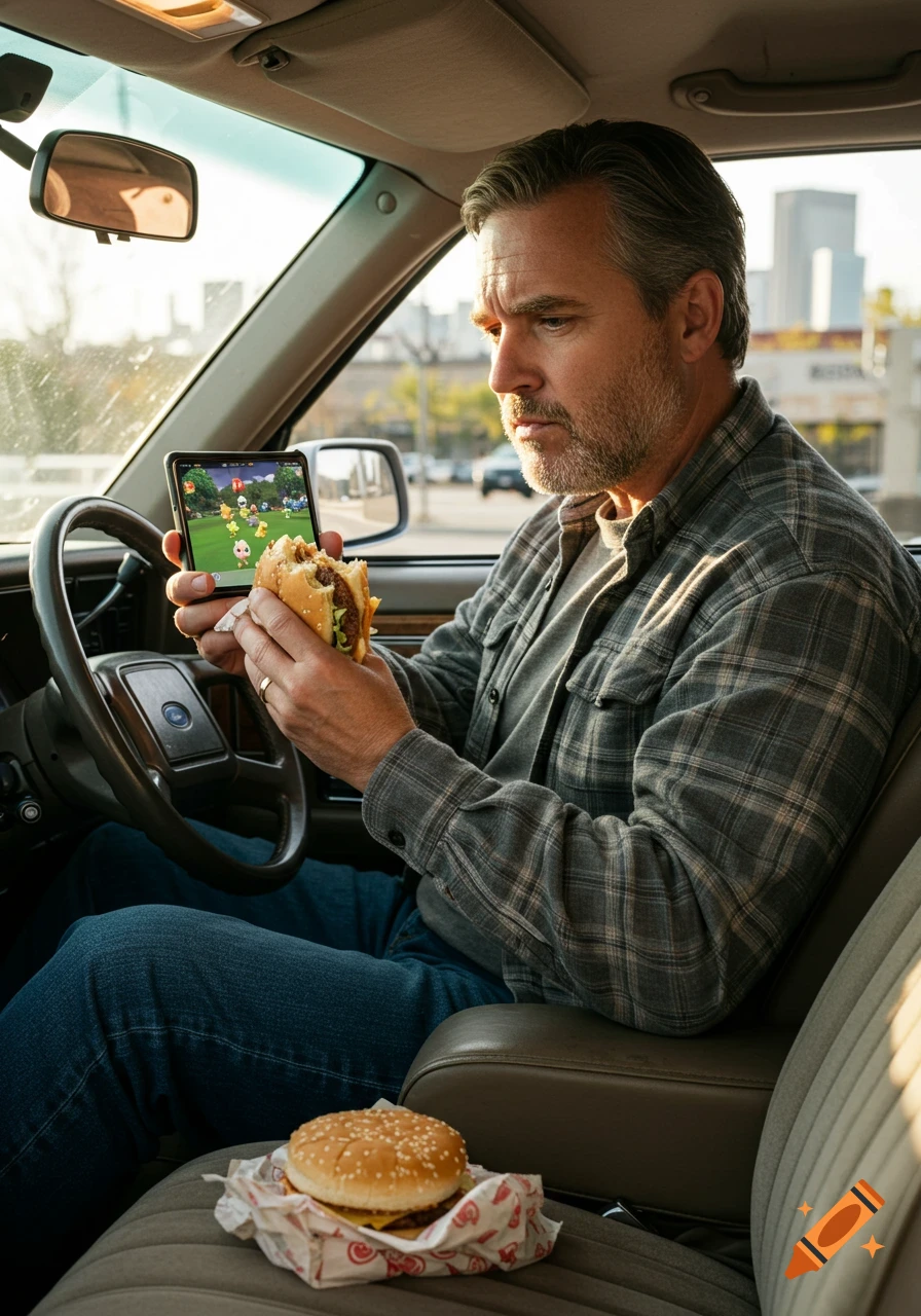 A man in a plaid shirt sits in a car, eating a hamburger while looking at a mobile game on his phone. Another burger sits on the seat.