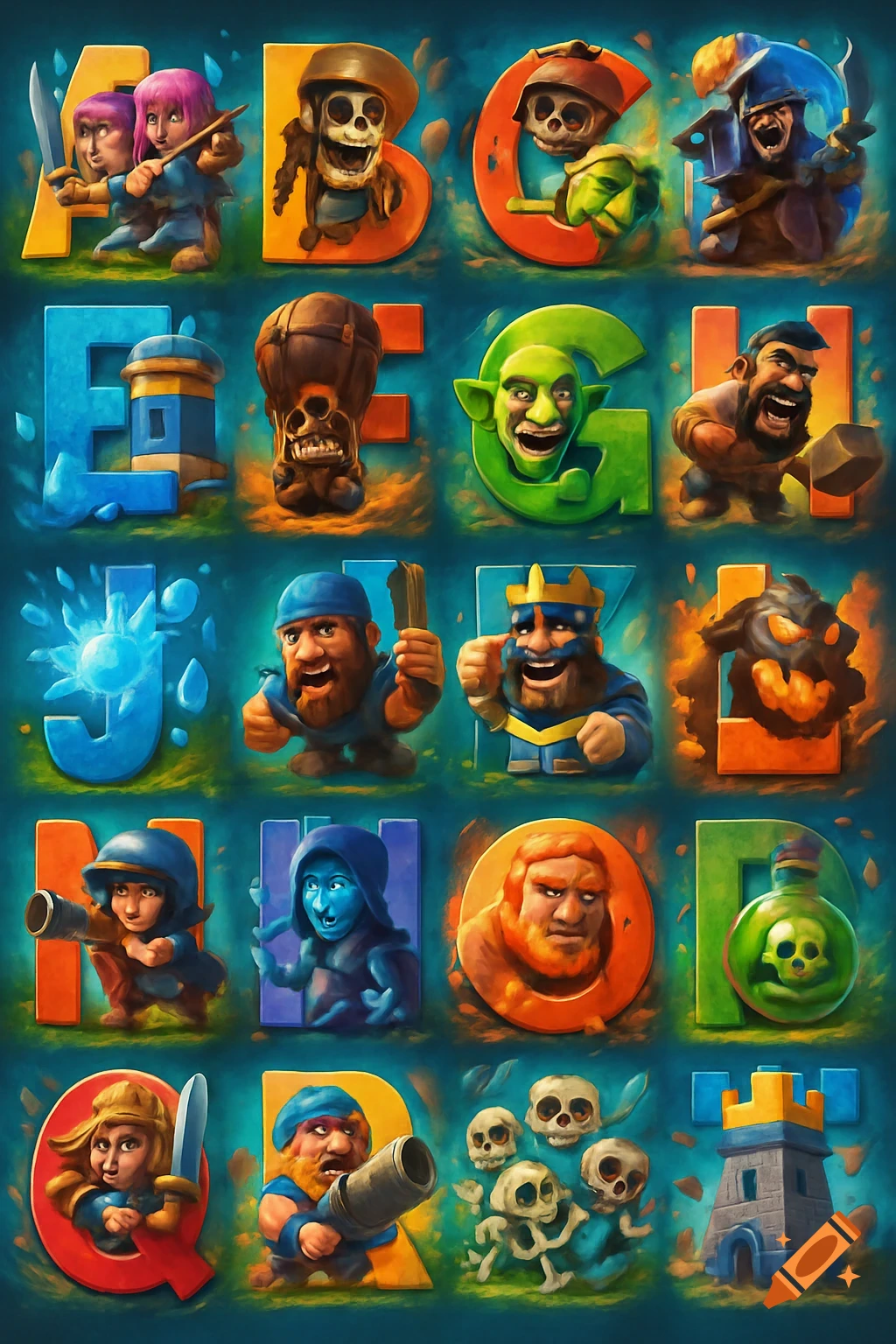 A vibrant, stylized alphabet chart featuring Clash Royale characters within each letter, on a teal background.