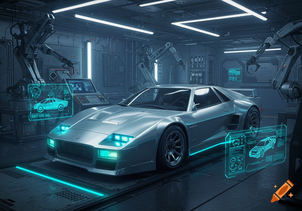 A sleek silver futuristic sports car in a high-tech garage with robotic arms, glowing neon lights, and holographic displays.