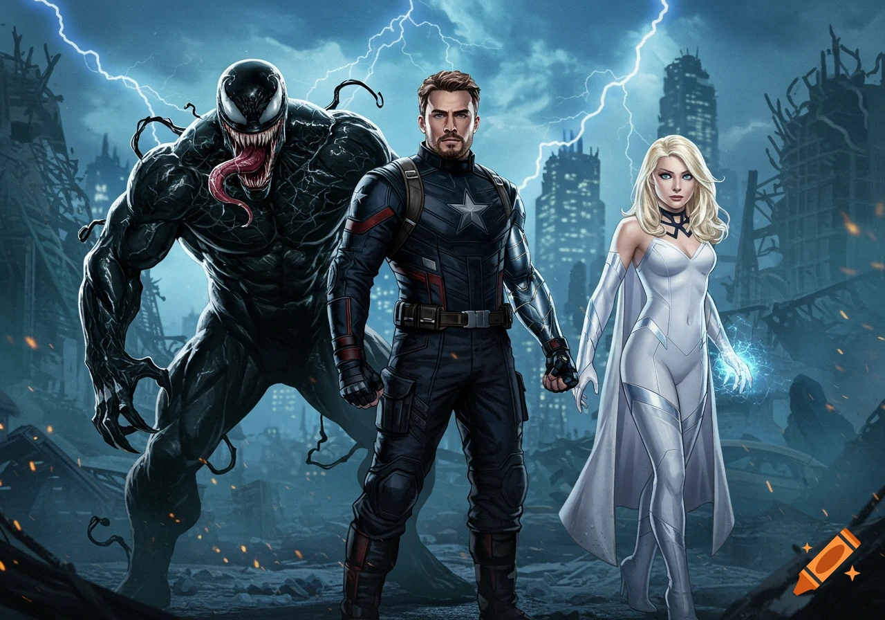 Venom, Captain America, and Emma Frost stand together in a ruined city with lightning, in a digital comic art style.