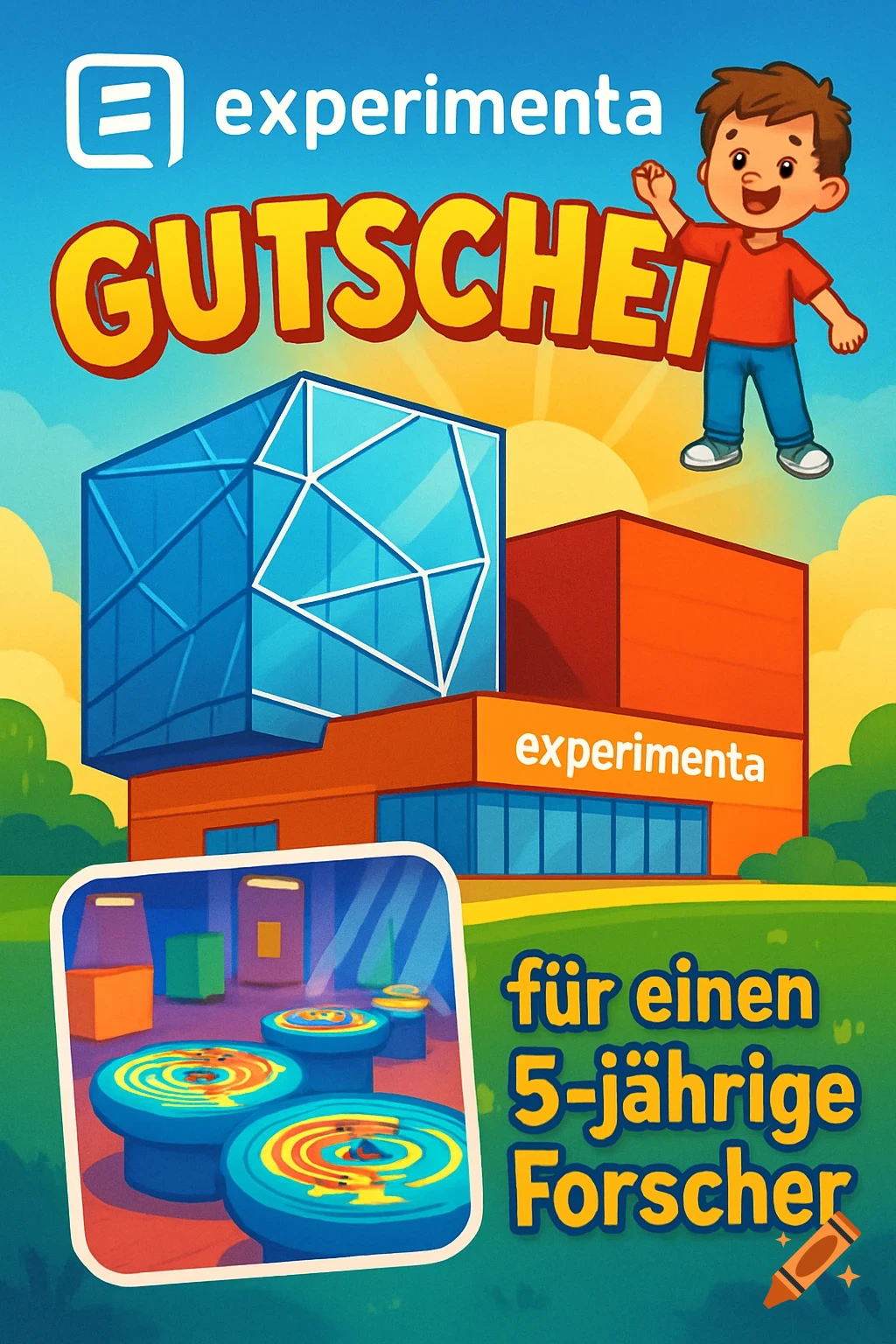 A colorful cartoon voucher for the Experimenta science center, featuring a boy, a stylized building, and a pop-out image of an exhibition room with text 'GUTSCHEIN' and 'experimenta'.
