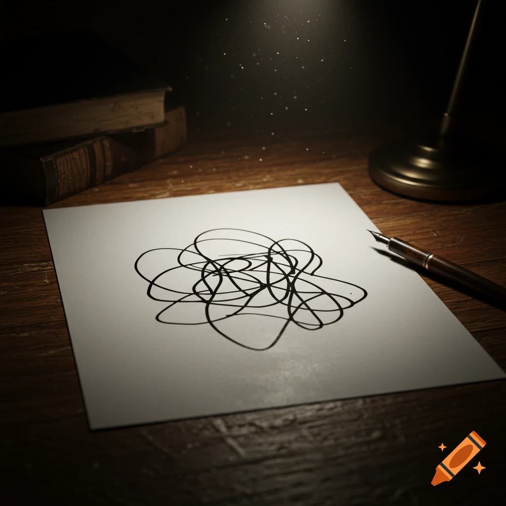 Photorealistic image of a white paper with a black scribble, fountain pen, and books on a dark wooden desk under a lamp.