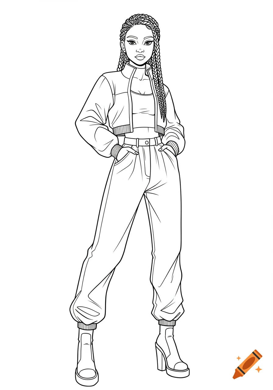 Line art illustration of a confident Black woman with braids, wearing a cropped jacket, a crop top, and baggy pants with boots.