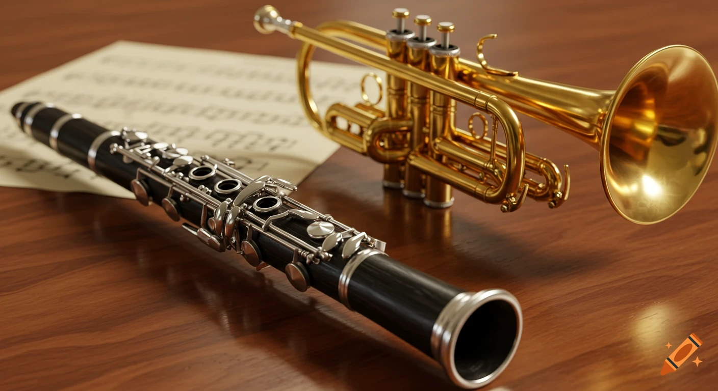 A photorealistic image of a black clarinet and a golden trumpet side-by-side on a wooden surface with sheet music.