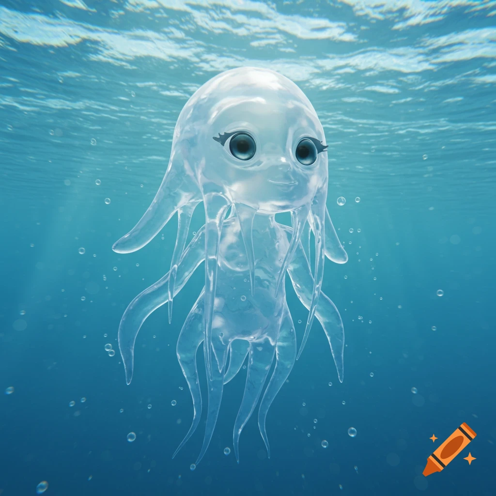 A translucent, ethereal water spirit creature resembling a jellyfish with an expressive face swims in a clear blue underwater scene with light rays and bubbles.