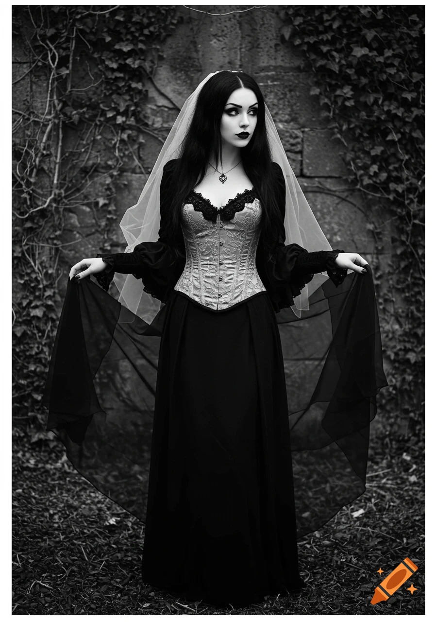 Black and white full-body portrait of a goth woman in a corset and black dress with a veil, standing before an ivy-covered wall.