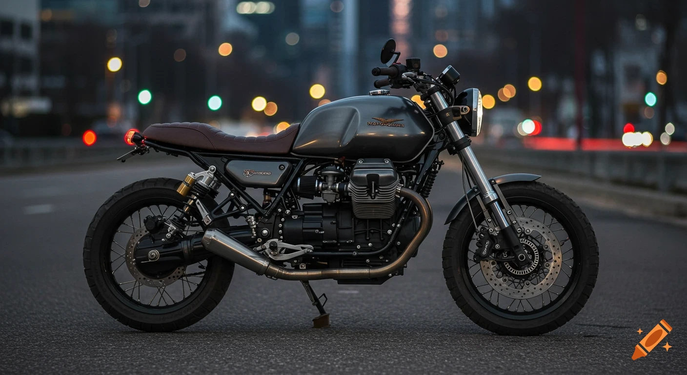 A matte black Moto Guzzi cafe racer motorcycle with a brown leather seat parked on an urban street at dusk.