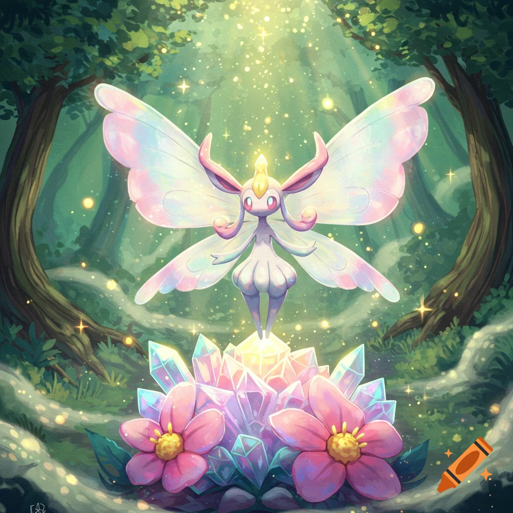 A vibrant illustration of a fairy-like Pokémon with iridescent wings standing on glowing crystals, surrounded by pink flowers in an enchanted forest.
