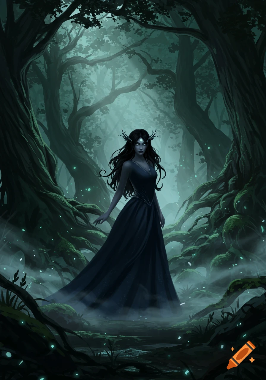 A dark-haired woman with glowing eyes and antler-like headpiece stands in a misty, dark fantasy forest with gnarled trees.