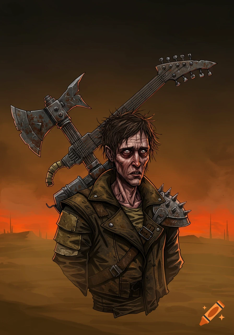 Stylized bust portrait of a gaunt, post-apocalyptic man with messy hair and a leather coat, carrying a hybrid guitar-axe, against a desert wasteland with a fiery orange sky.