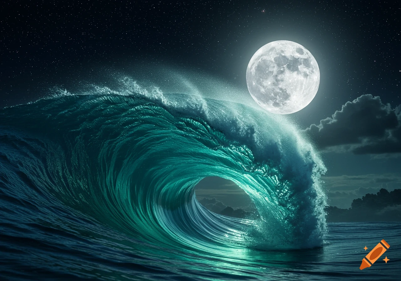 A large teal ocean wave cresting under a bright full moon and starry night sky.