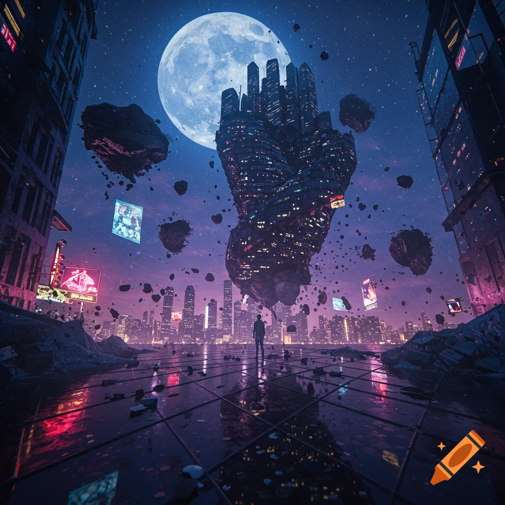 A lone figure stands on a tiled platform overlooking a futuristic cityscape under a giant moon. A large, hand-shaped building floats above, surrounded by debris. Pink and blue neon lights illuminate the scene.