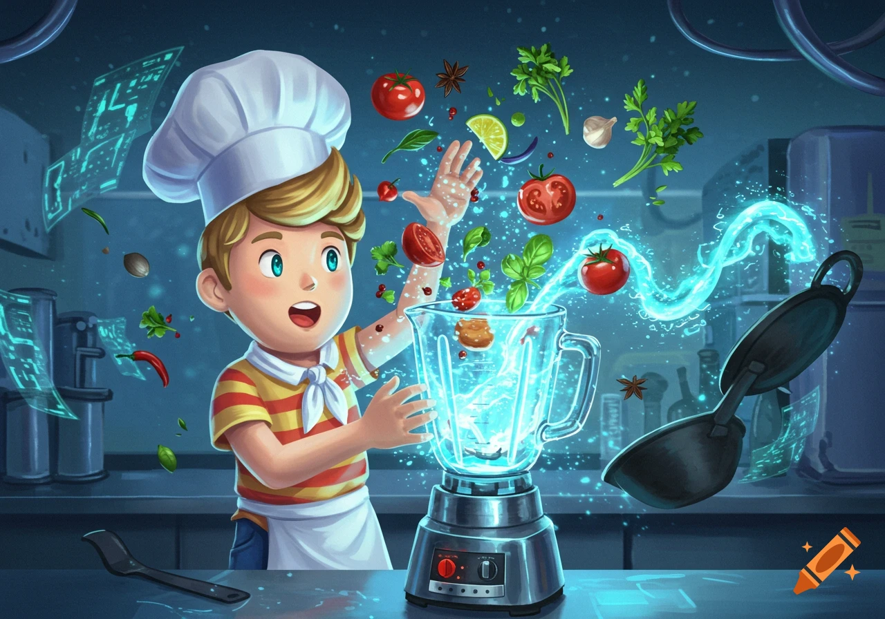 A cartoon boy chef magically tosses ingredients into a glowing blender in a futuristic kitchen.