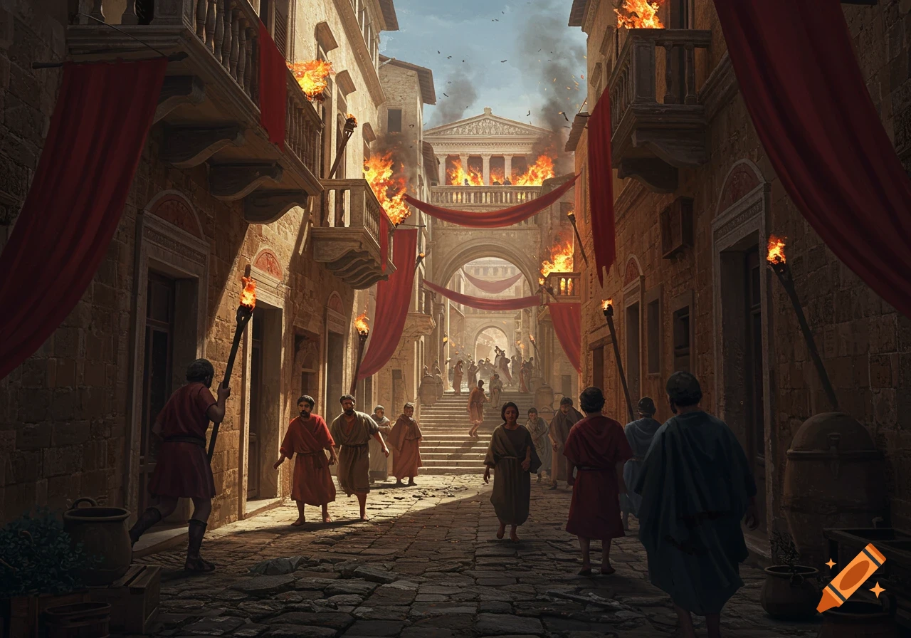 Digital painting of a chaotic ancient Roman street with buildings on fire, people fleeing in panic, and red banners hanging.
