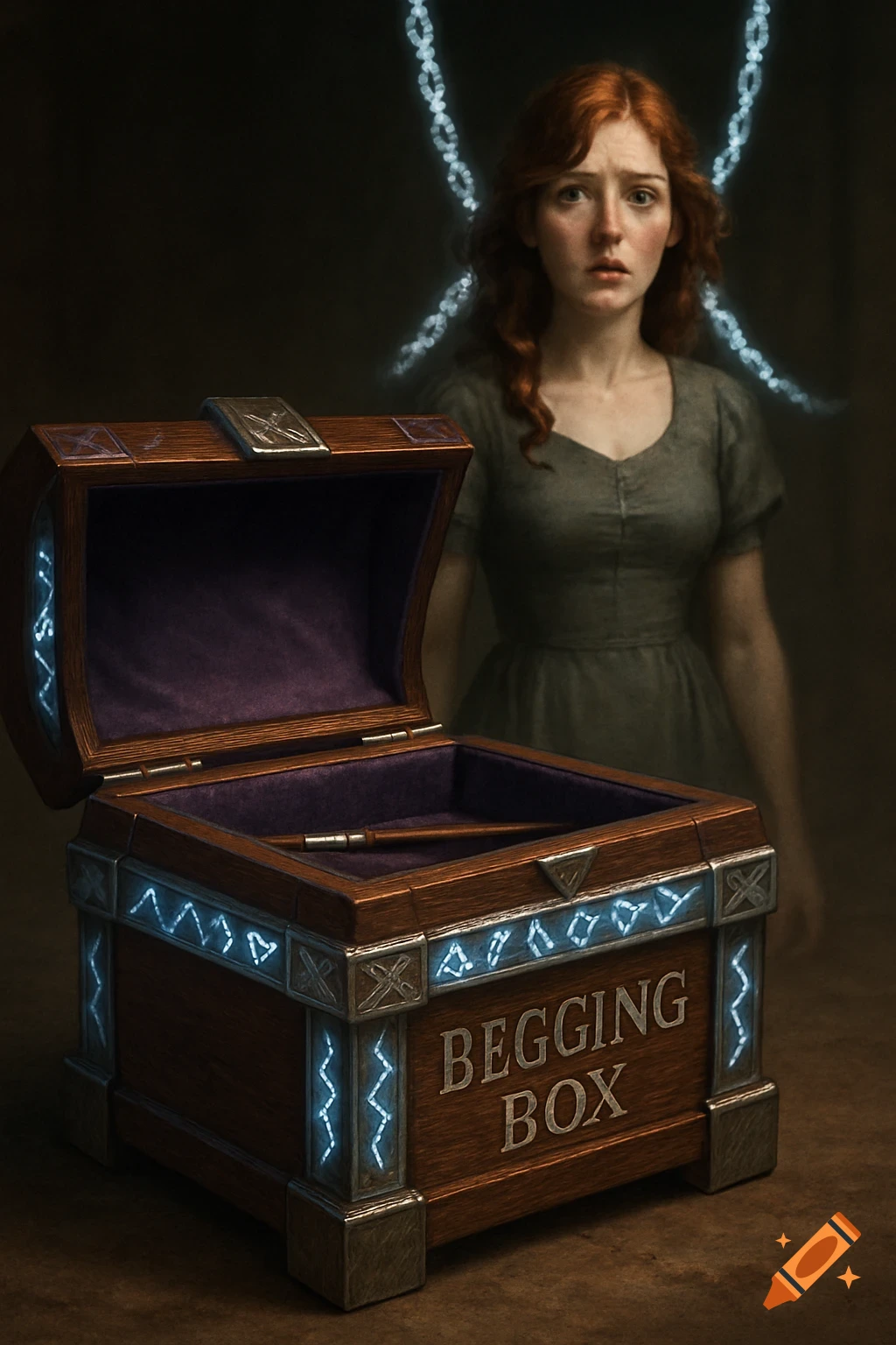 A photorealistic image of an open wooden 'Begging Box' with glowing runes. A woman with red hair and glowing chains behind her looks fearful.