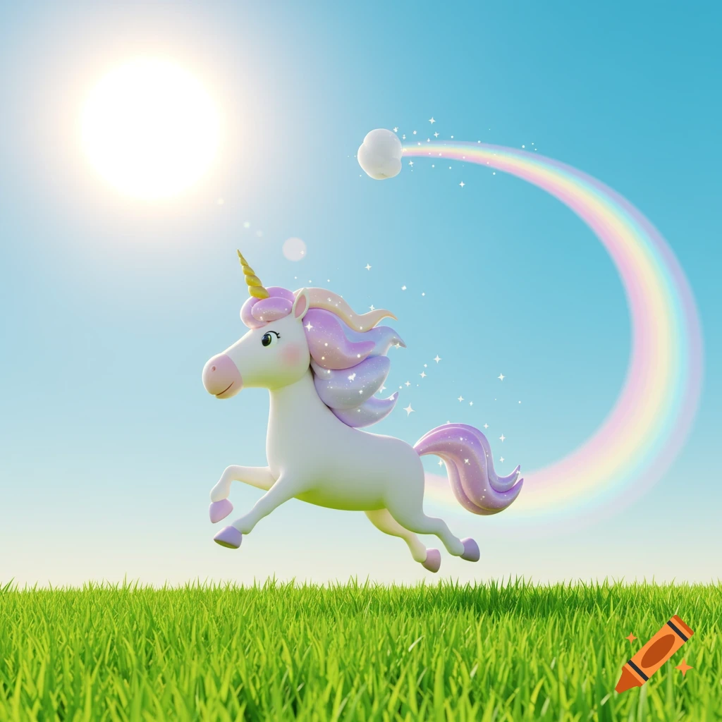 A magical 3D cartoon unicorn with a rainbow mane and tail gallops on bright green grass under a sunny blue sky, leaving a sparkling rainbow trail.