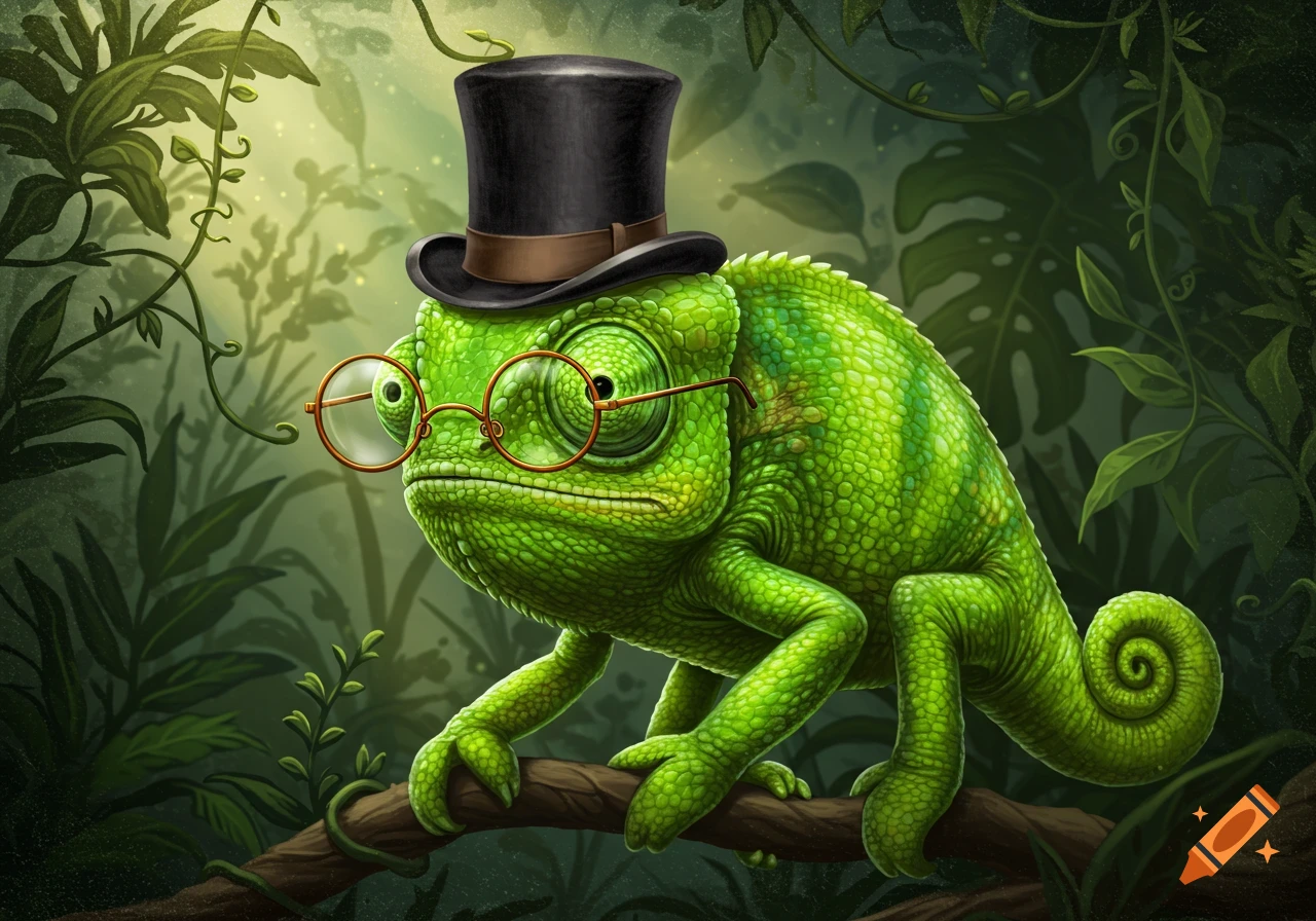 Vibrant illustration of a green chameleon wearing a black top hat and round glasses, perched on a branch in a lush jungle.