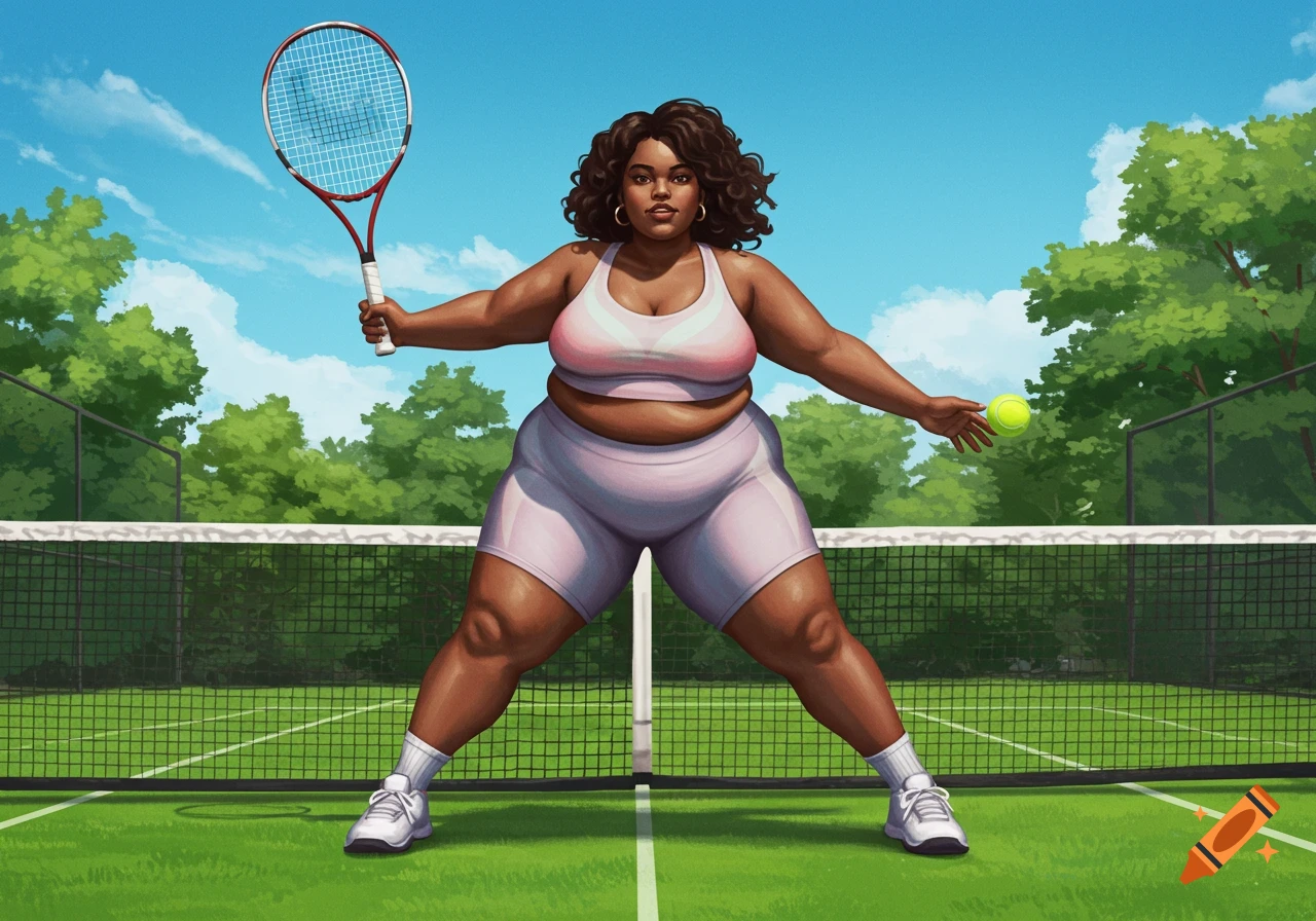 An illustration of a full-figured Black woman on a tennis court, holding a racket and a tennis ball.