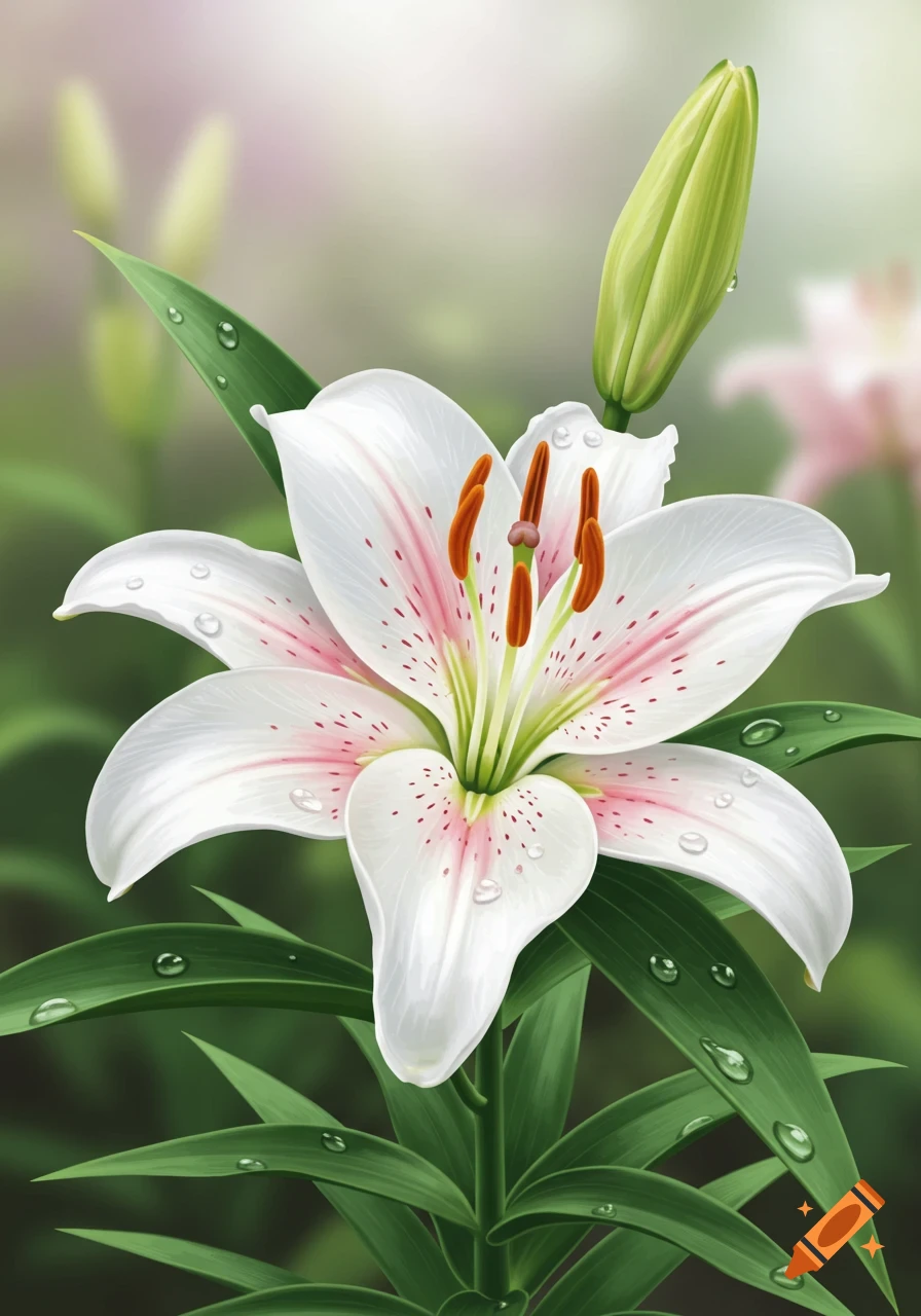 Close-up of a white lily with pink speckles and water droplets, green leaves, and a lily bud, against a soft, blurry background.
