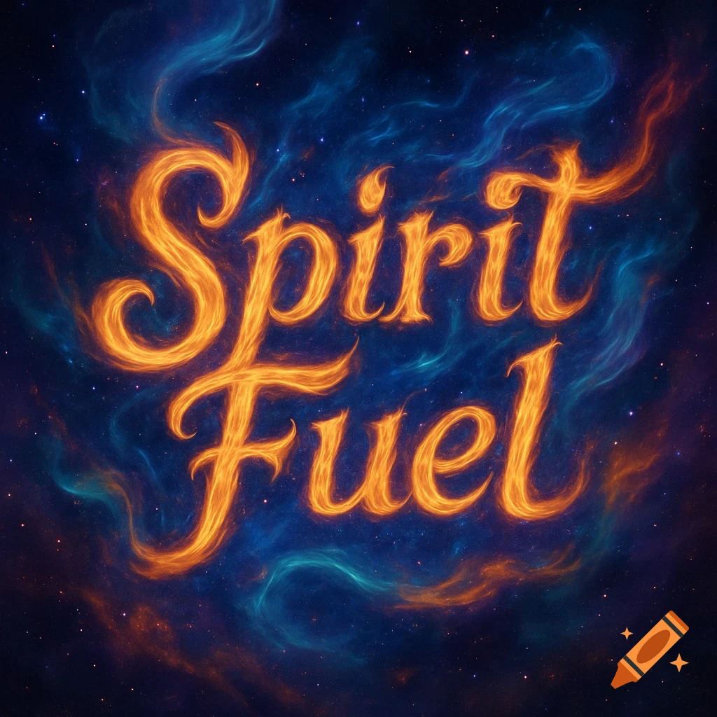 Glowing orange text 'Spirit Fuel' in a cursive font against a dark blue and purple nebula space background with small stars.