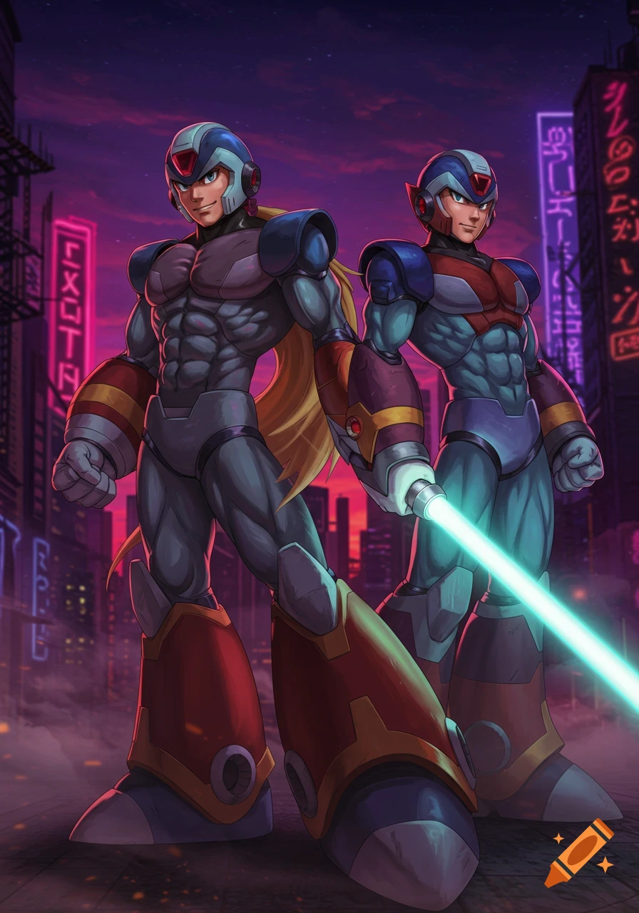 Muscular Mega Man X and Zero stand in a futuristic cyberpunk city with neon lights.