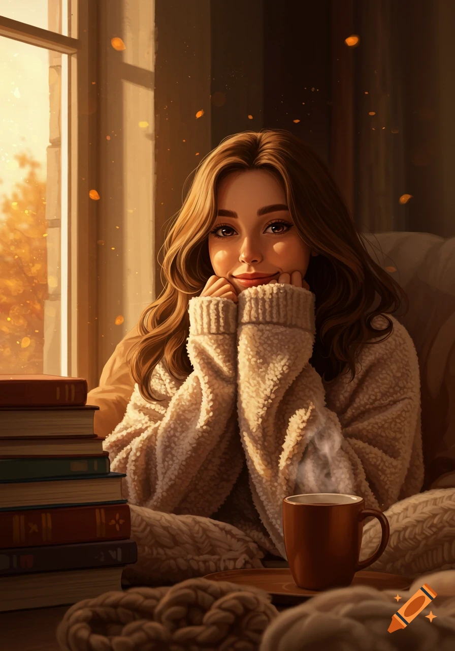 A smiling young woman in a cozy sweater sits by a window with books and a steaming mug, bathed in warm autumn light.