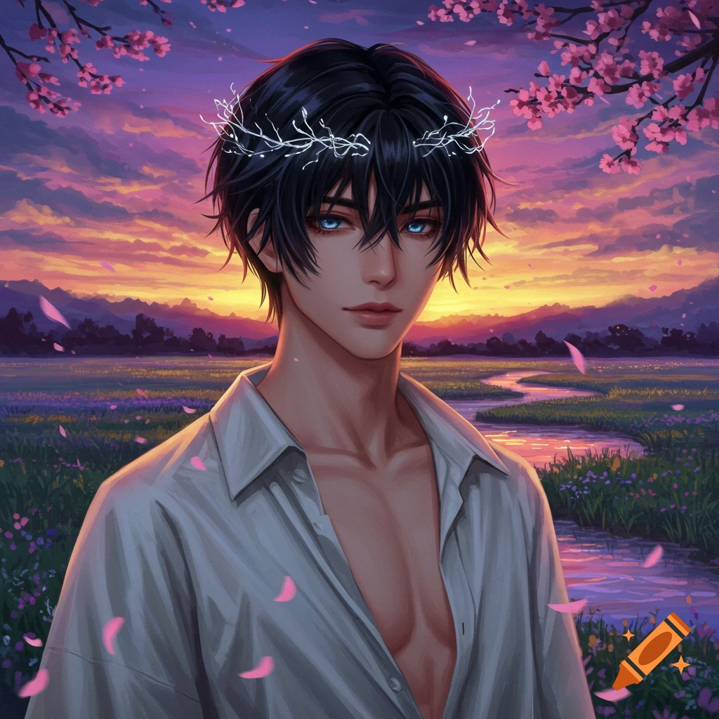 Anime boy with dark hair and blue eyes, wearing an open white shirt and crown of branches, in a flower field at sunset with cherry blossoms.