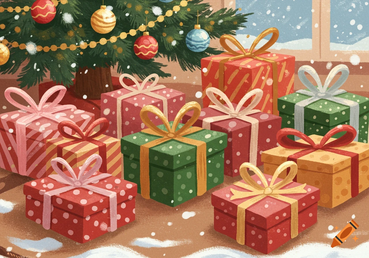 Numerous colorful wrapped Christmas gifts sit under a decorated tree, with snow falling outside a window, in a cartoon style.