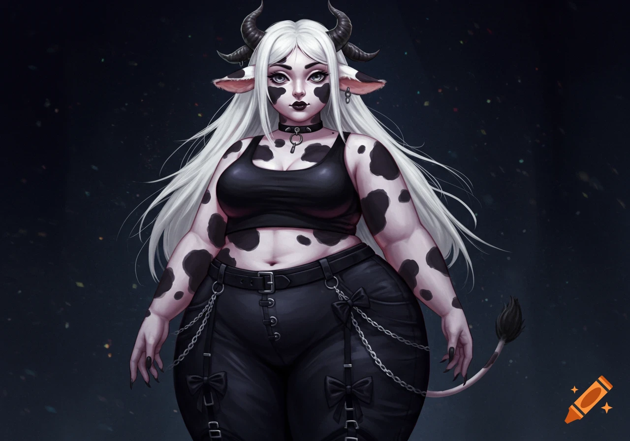 A chubby cow-girl character with black horns, white hair, and cow spots wears a black crop top and goth pants, standing against a dark starry background.
