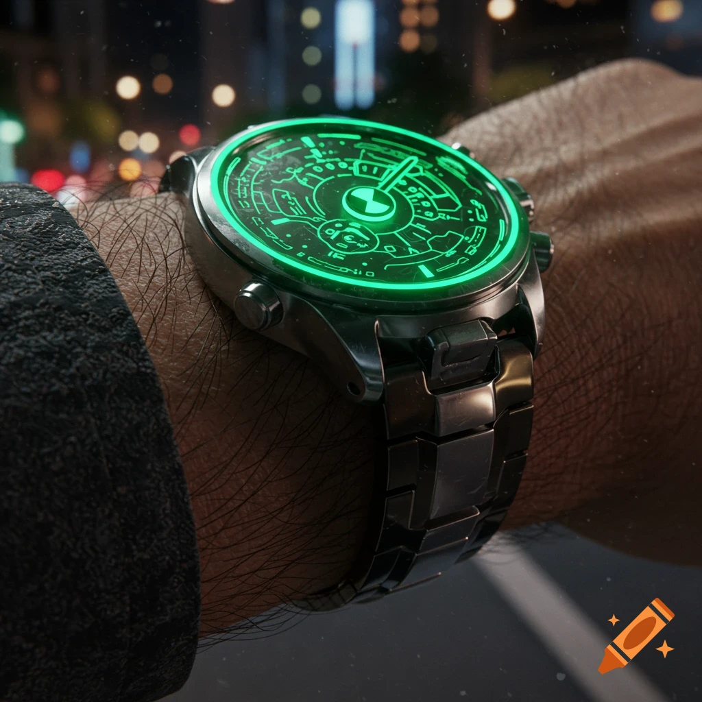 Photorealistic close-up of a metallic sci-fi watch with a glowing green, alien interface on a wrist, blurred city lights background.