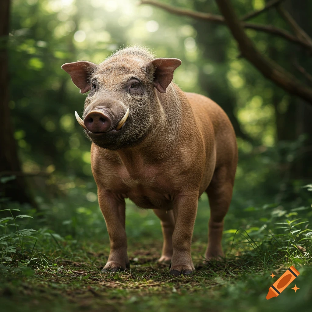 A large wild pig with tusks stands on a forest path, sunlight filtering through trees.