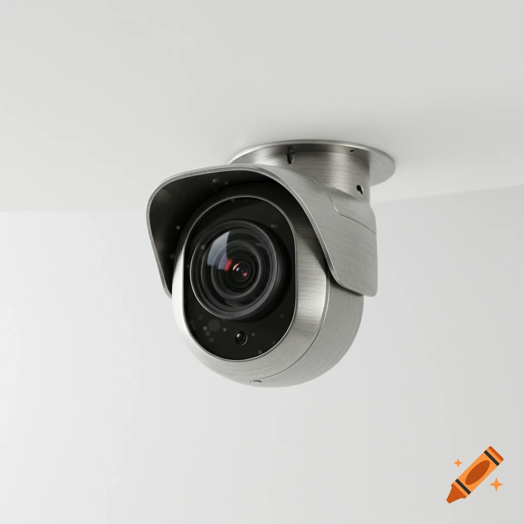 A modern, metallic surveillance camera mounted on a white ceiling.
