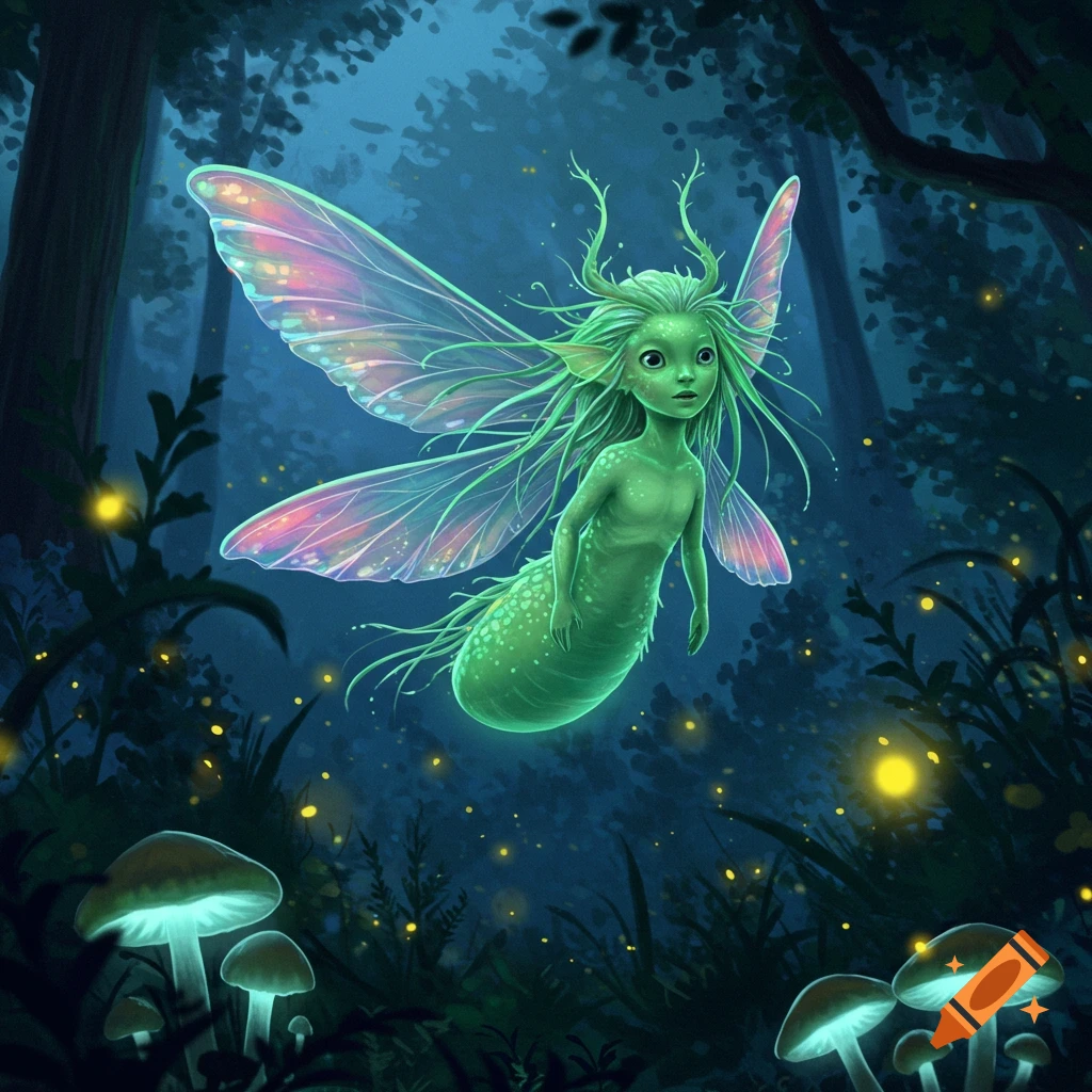 A glowing green fairy-like creature with iridescent wings and a scaly tail floats in a mystical dark forest with luminous mushrooms and fireflies.