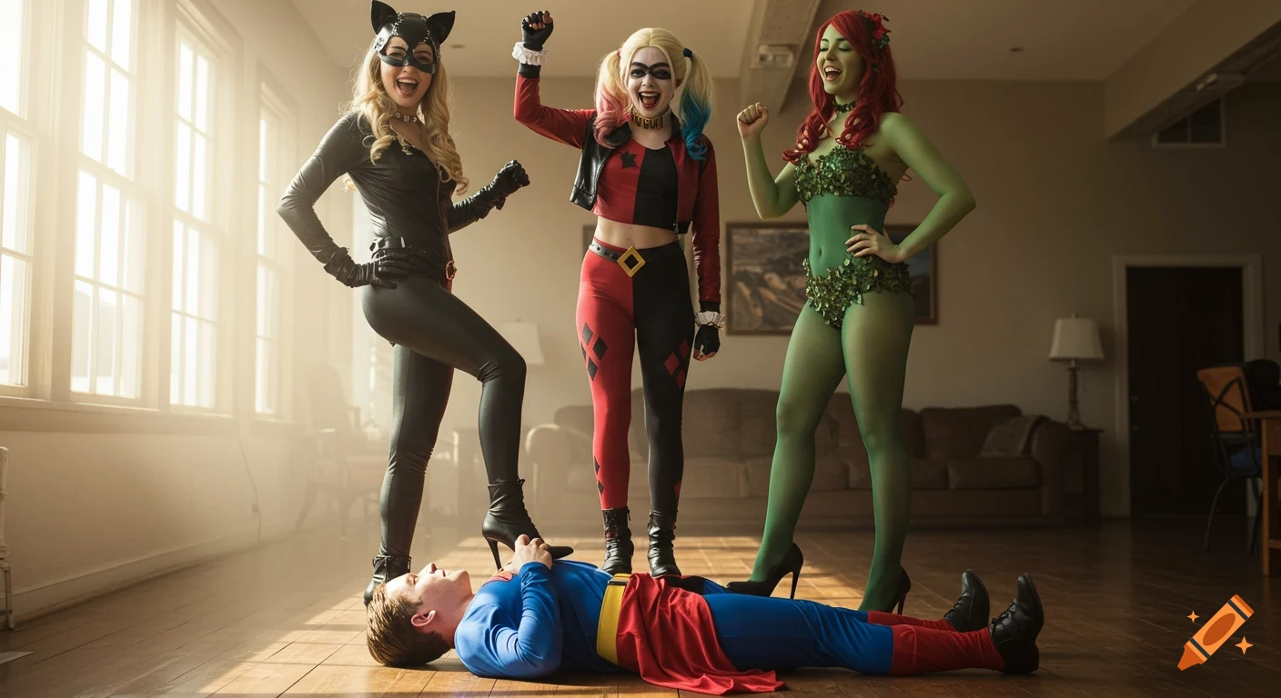 Three triumphant female cosplayers (Catwoman, Harley Quinn, Poison Ivy) stand over a defeated Superman in a bright room. Photorealistic.