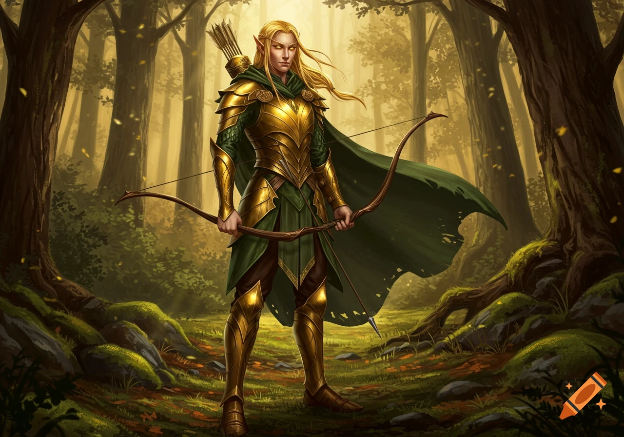 A golden-armored elf ranger stands in an enchanted forest, holding a bow and arrows.