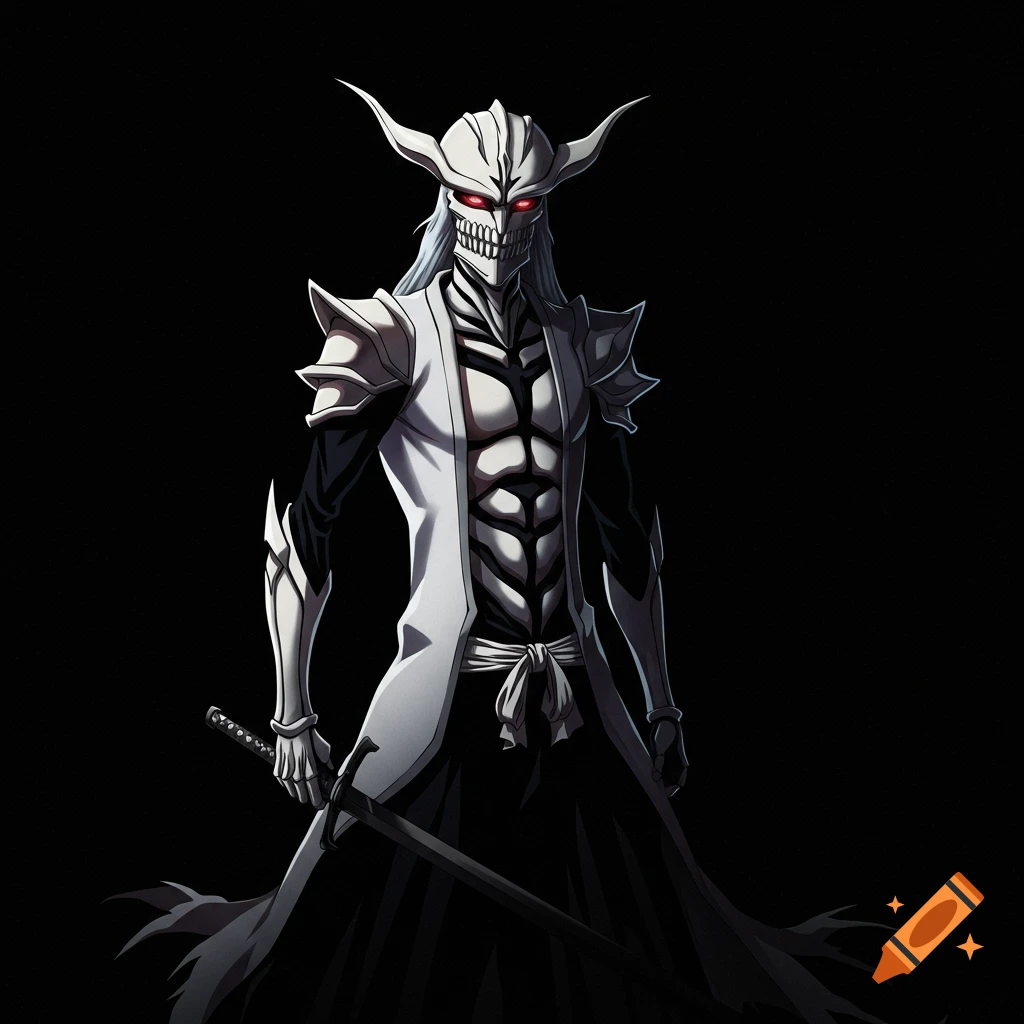 Anime illustration of Vasto Lorde Ichigo from Bleach, wearing a white skull mask with horns and red eyes, holding a katana on a black background.