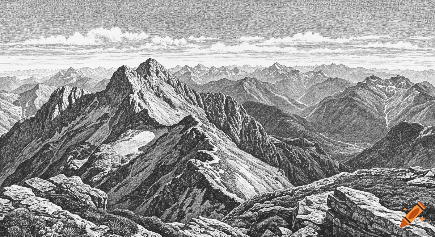 Detailed black and white sketch of a vast mountain range under a cloudy sky.