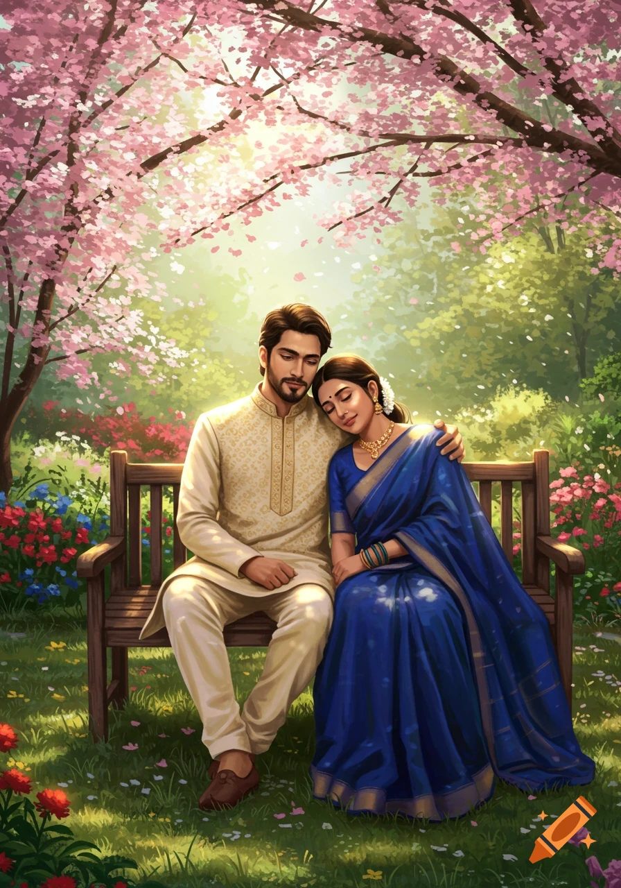 An illustration of an Indian couple in traditional attire sitting on a bench under a pink cherry blossom tree in a lush garden.