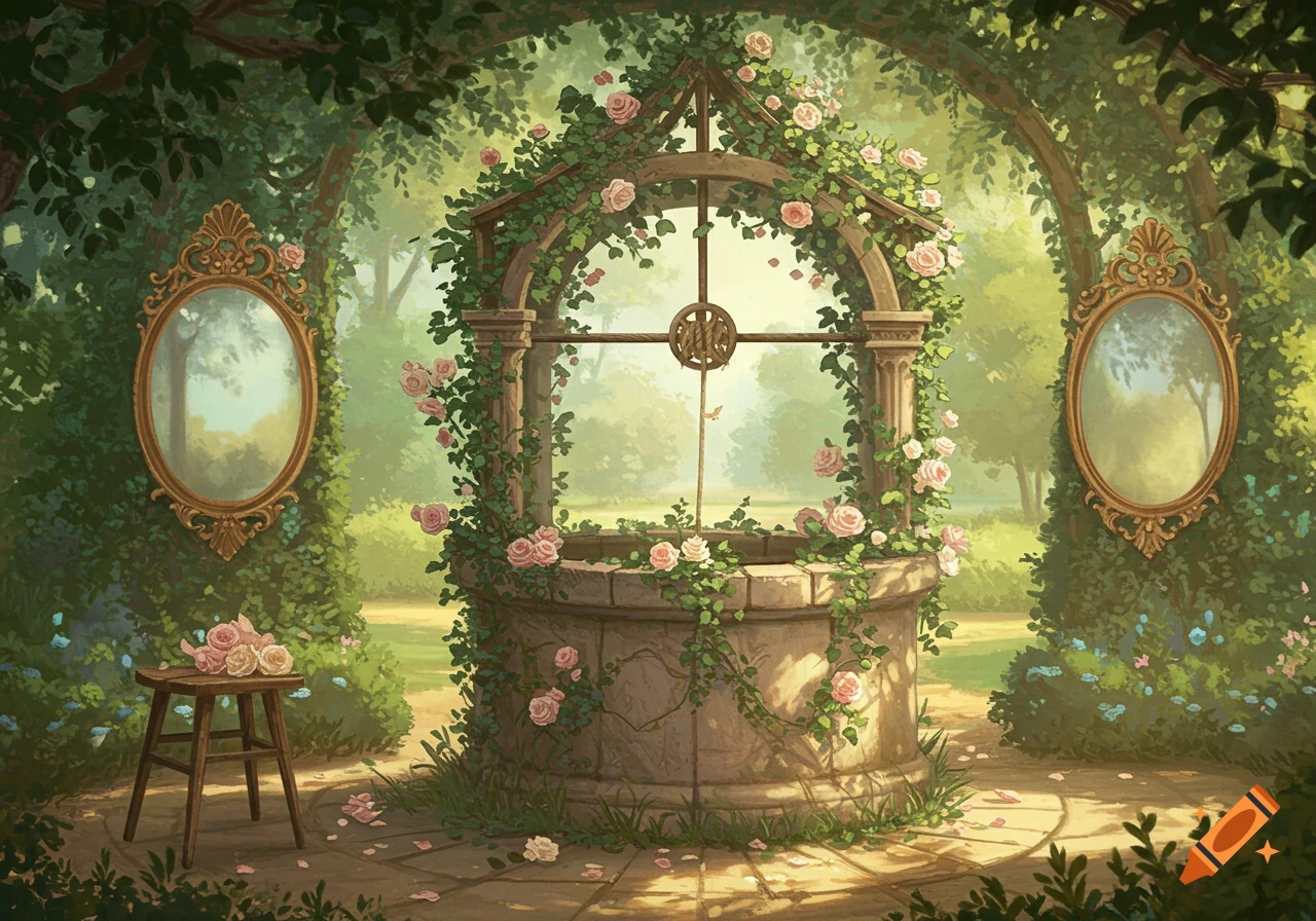 Painterly illustration of a stone well adorned with pink roses and vines, flanked by ornate golden mirrors in a lush garden.