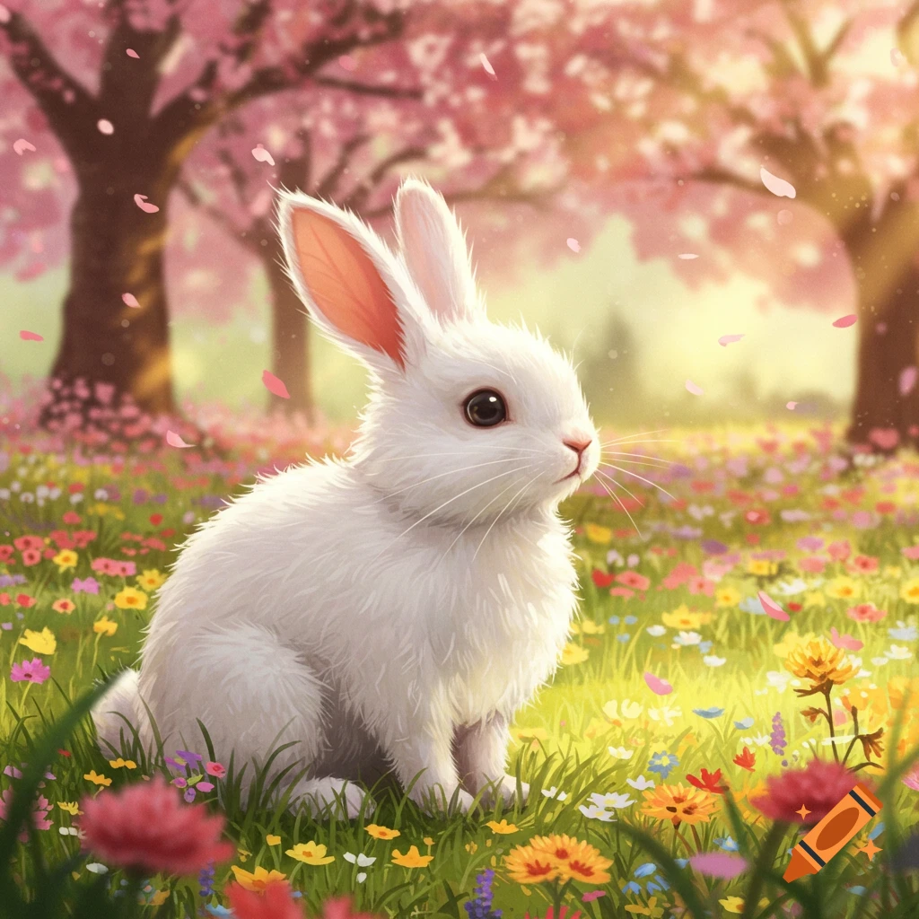 A white bunny sits in a lush field of colorful wildflowers under pink cherry blossom trees with falling petals.
