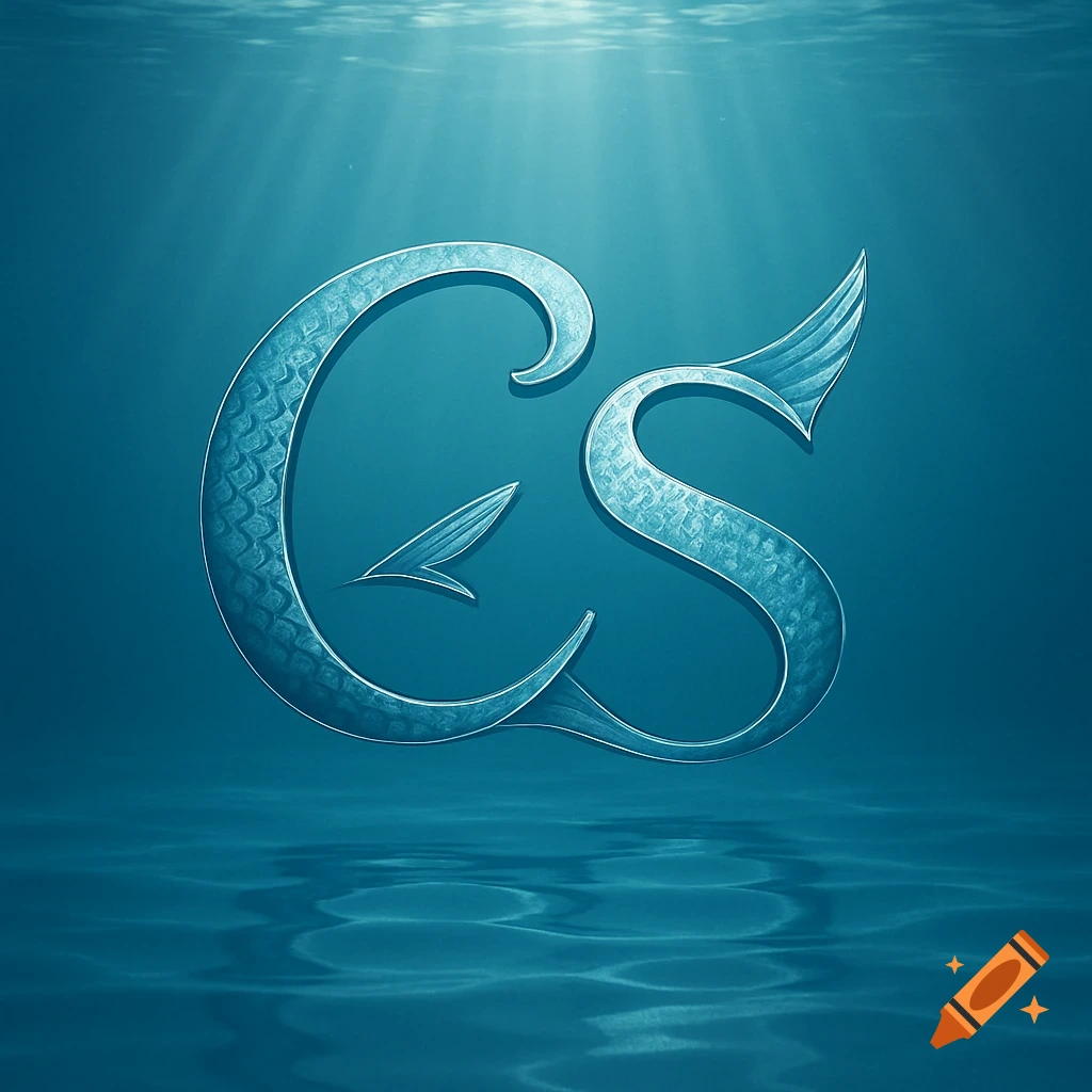 Stylized letters C and S forming a fish, submerged in a blue underwater scene with light rays.