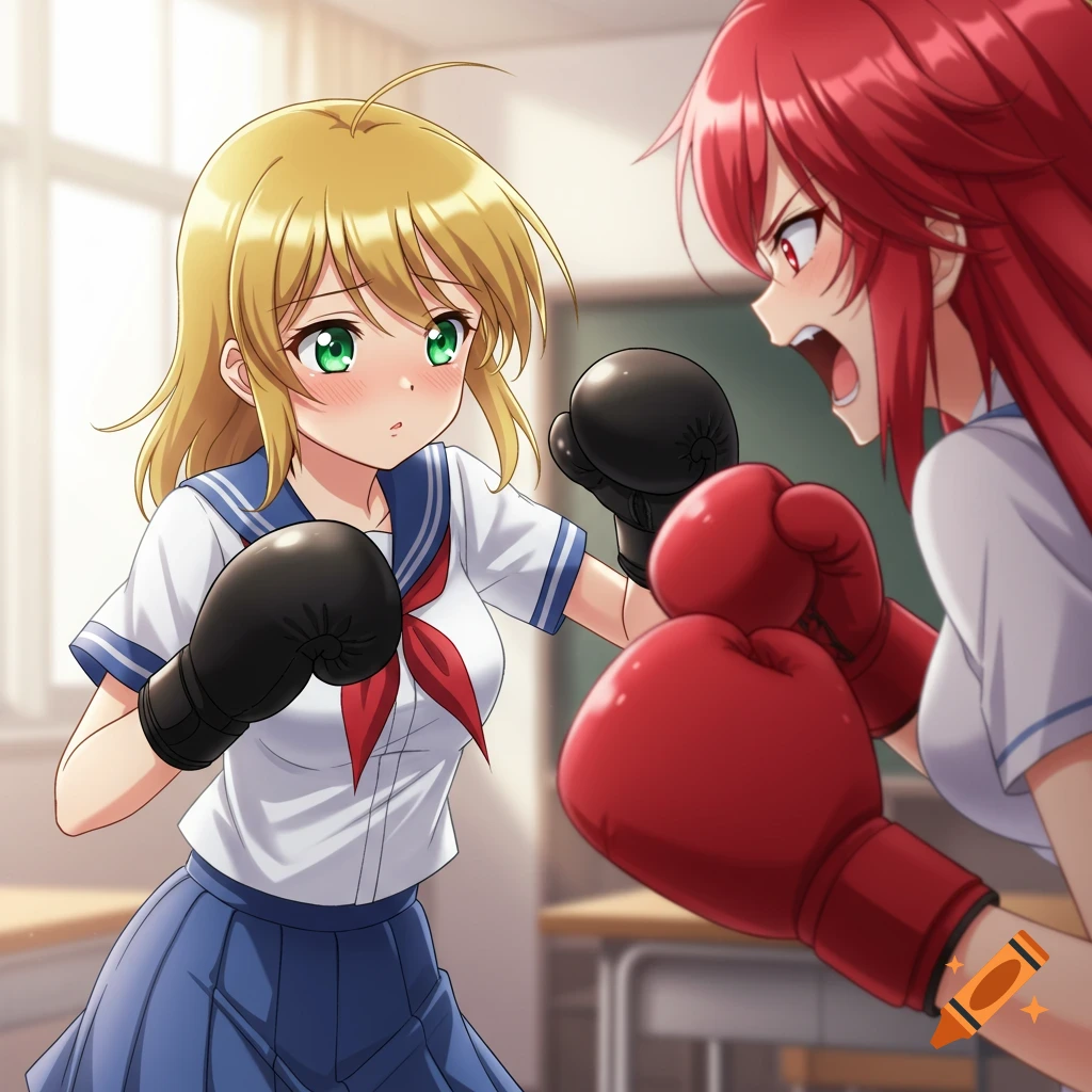 Two anime schoolgirls, one distressed, one angry, boxing in a classroom.
