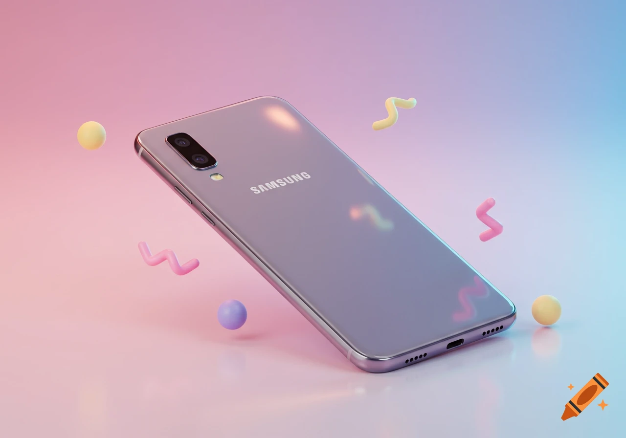 A lavender Samsung smartphone angled to show its back, floating amidst colorful spheres and squiggly shapes against a pink and blue gradient background.