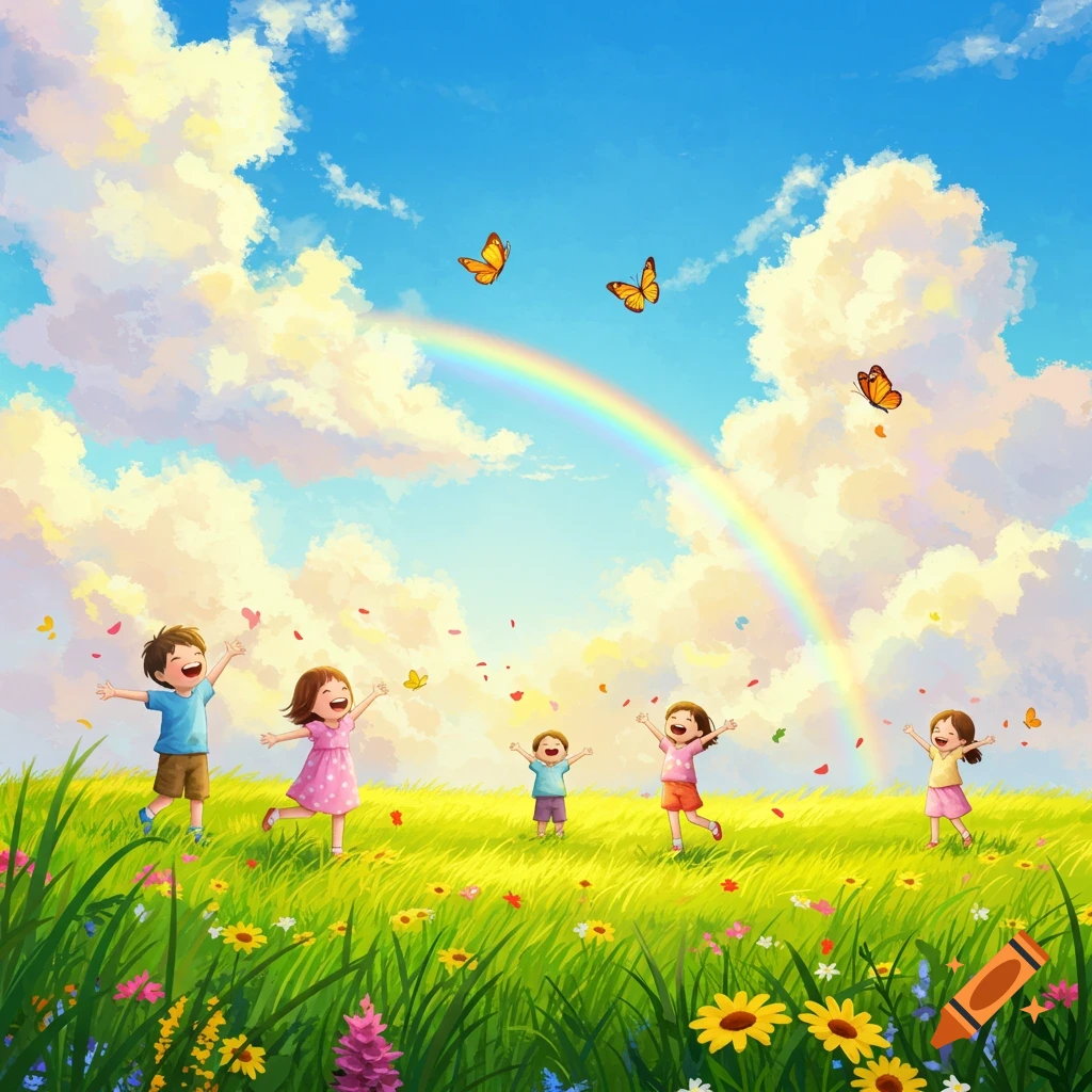 Happy children playing in a vibrant green field with wildflowers under a blue sky with fluffy clouds, a rainbow, and butterflies.
