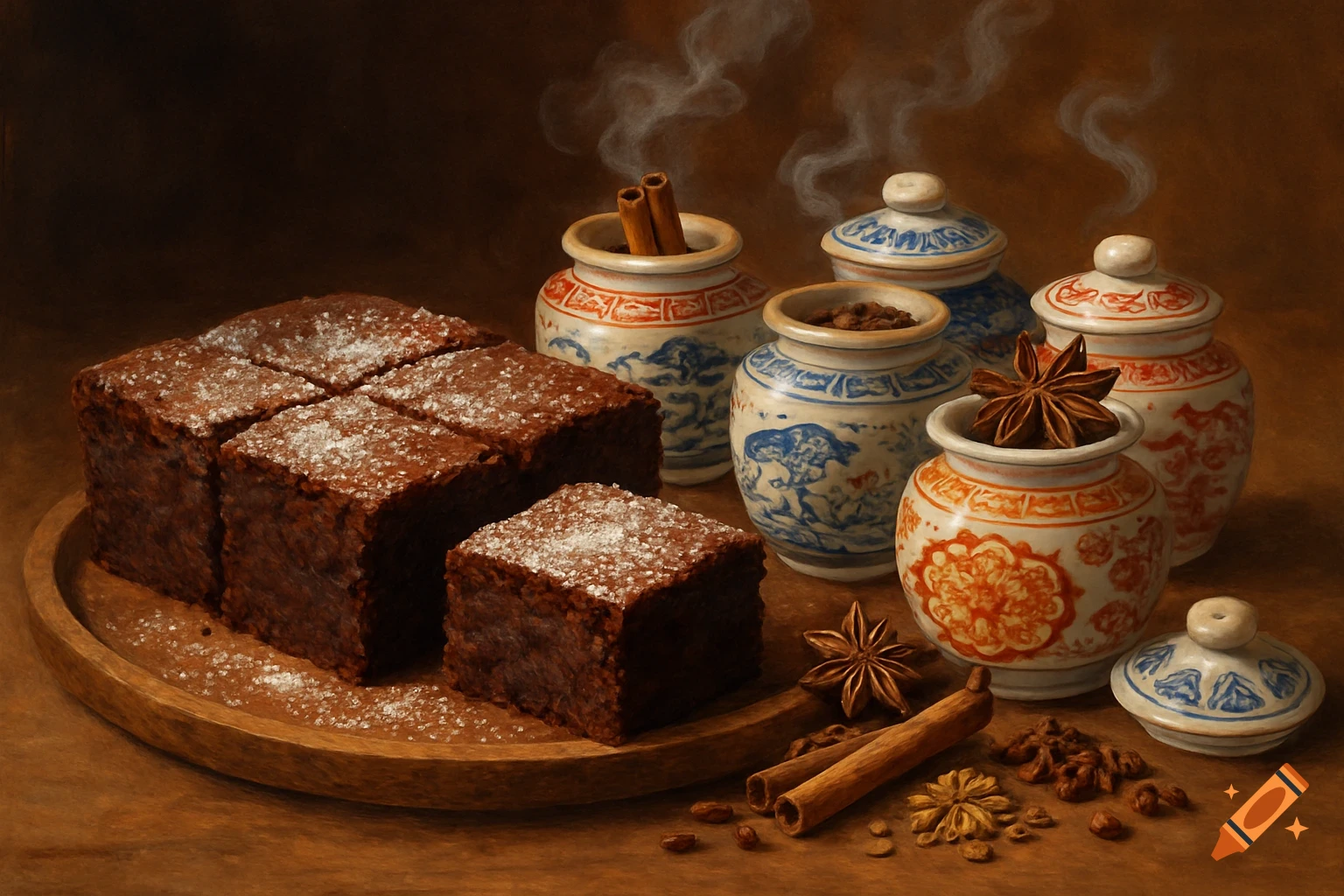 A still life painting of brownies, cinnamon sticks, star anise, and decorative Chinese-style ceramic jars with steam.