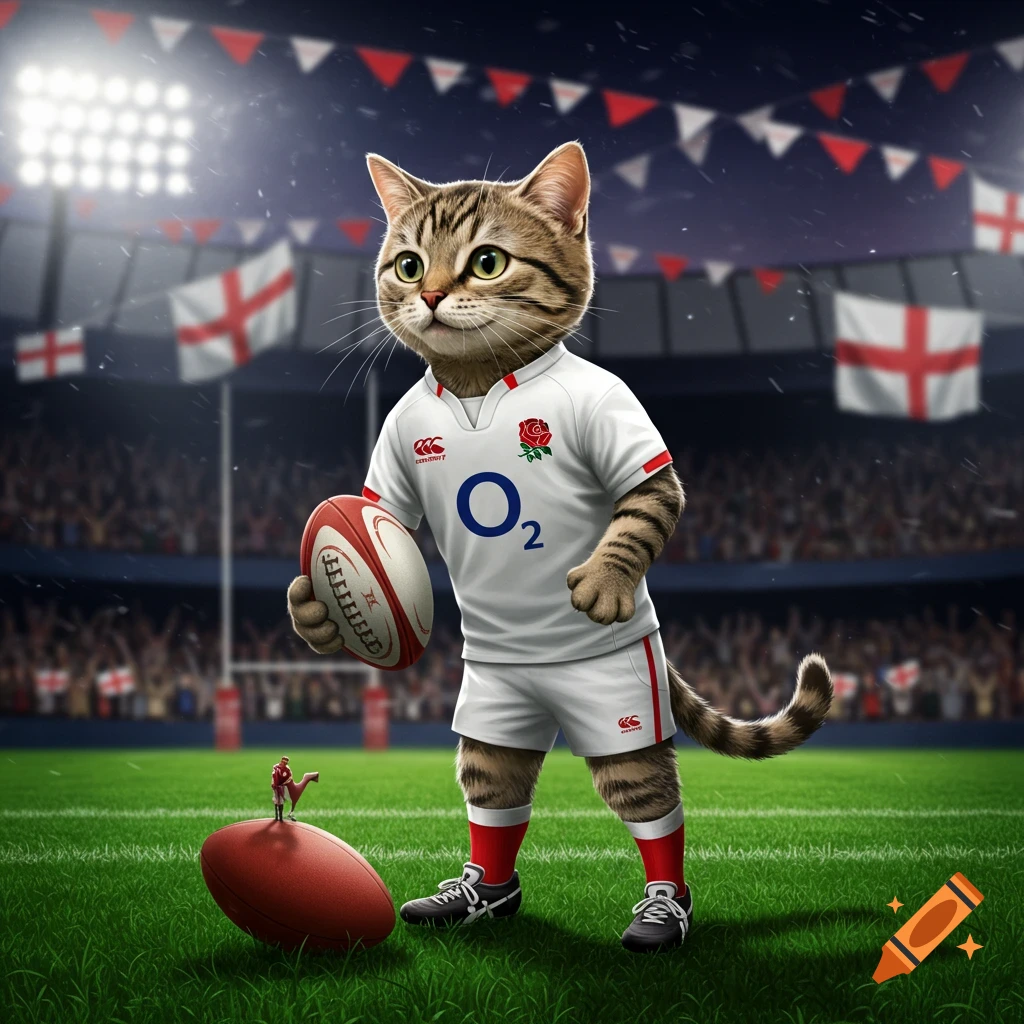 A tabby cat in an England rugby uniform holds a rugby ball on a stadium field at night.