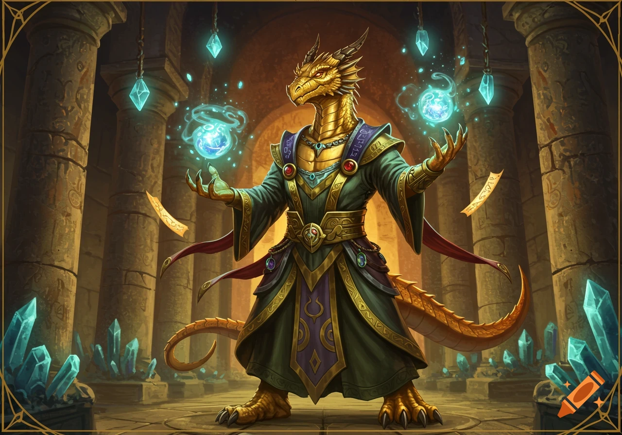 A gold dragonborn sorcerer casts magic, holding glowing blue orbs in an ancient stone chamber filled with large blue crystals.